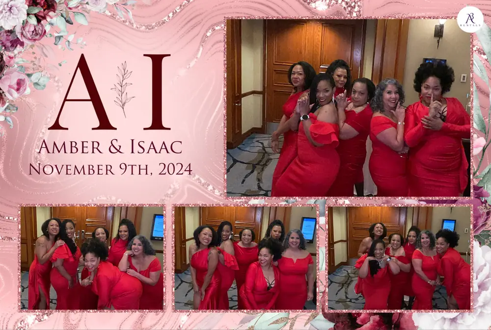 Bridal party in red posing in a wedding photo strip with a monogram