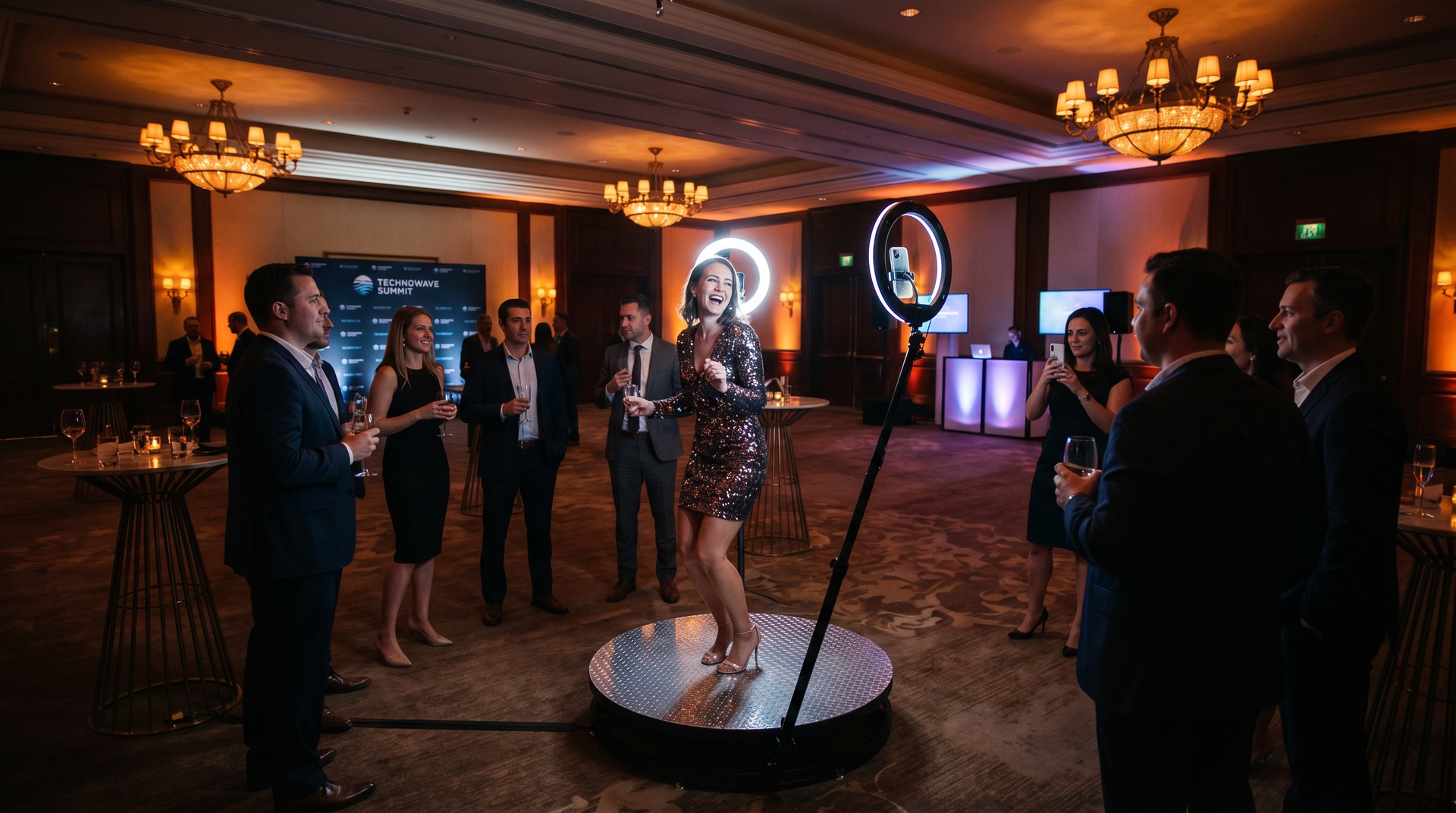 Corporate guests gathering around a 360 booth during a branded activation in Texas