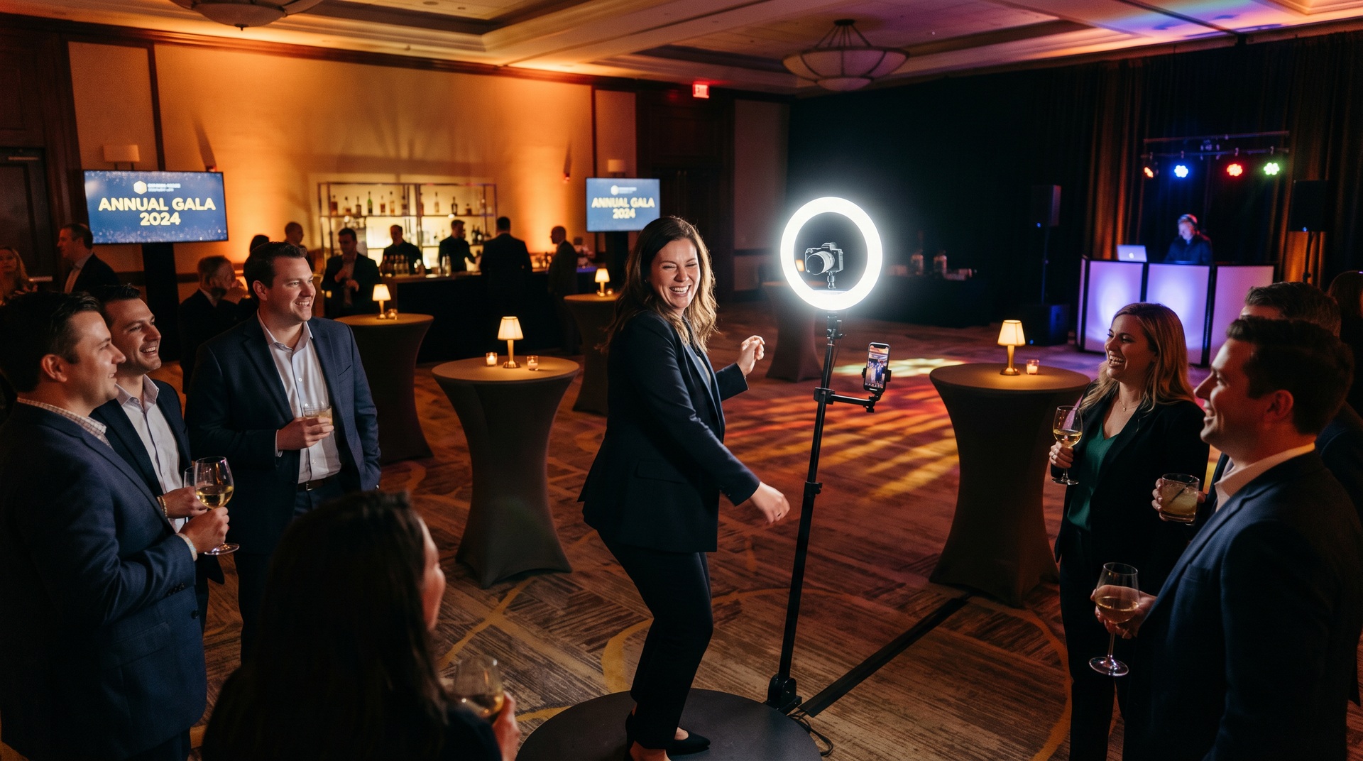 custom branded 360 photo booth setup at corporate activation