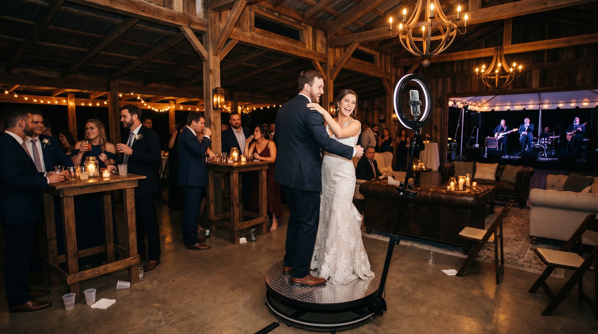 Guests on a 360 platform while the camera arm moves through an active event crowd