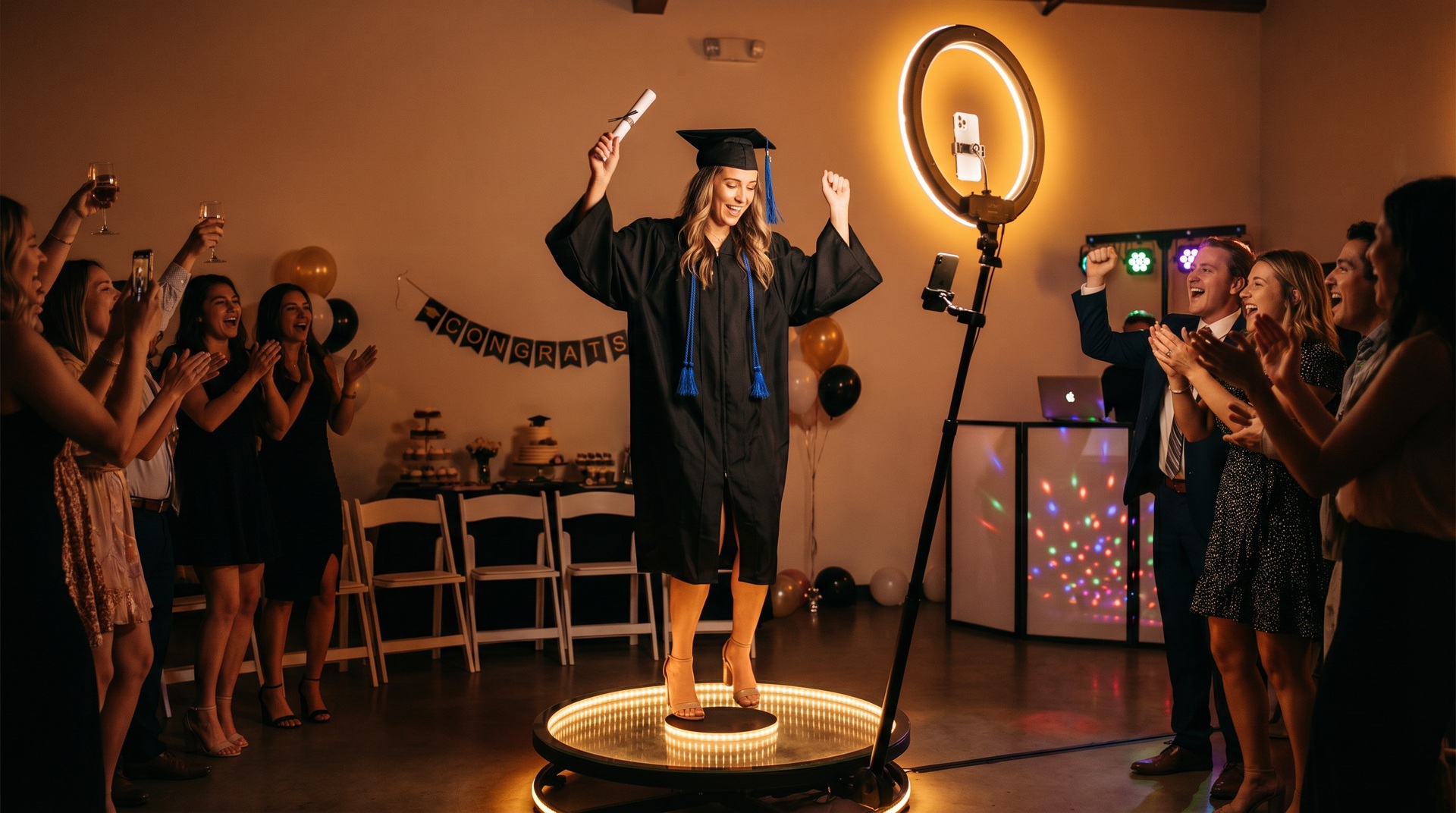 Graduates and friends using a 360 booth during a graduation party