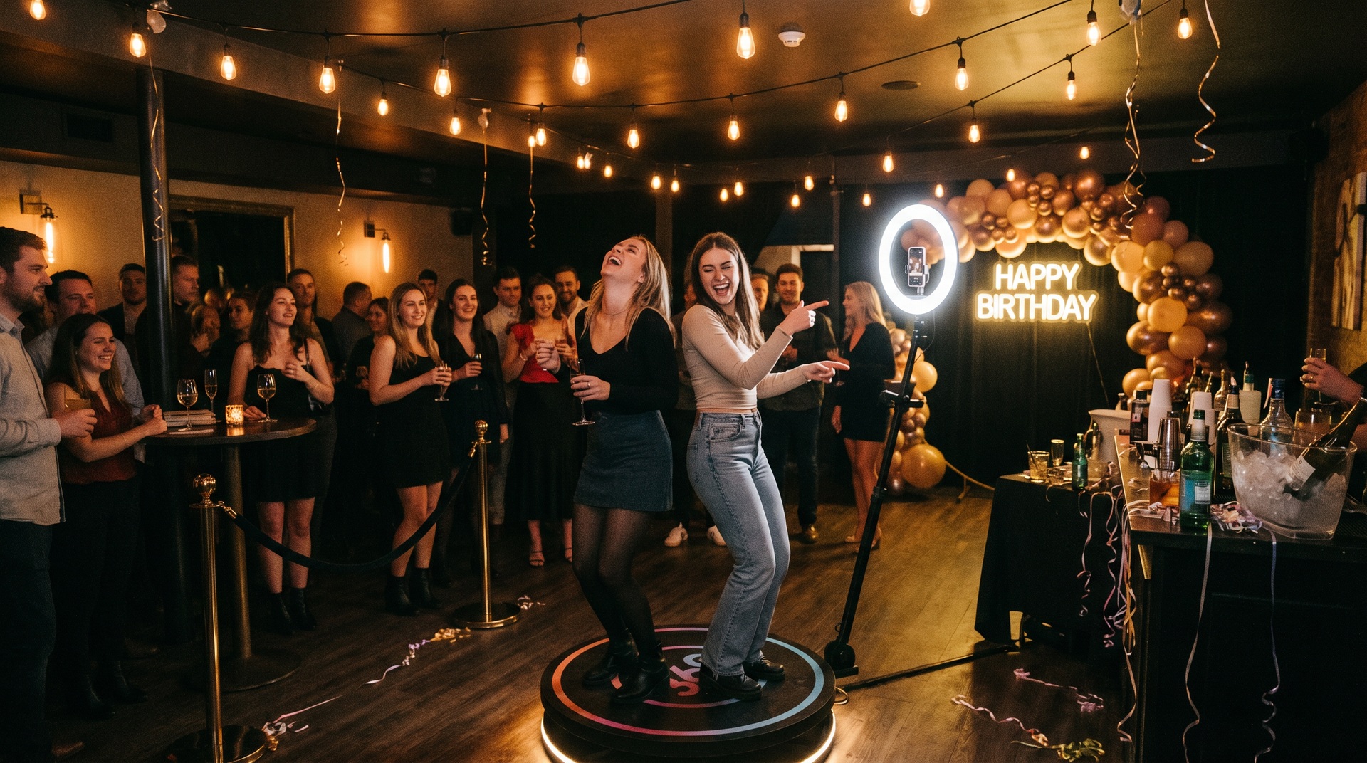 Birthday party guests laughing while taking a 360 booth video