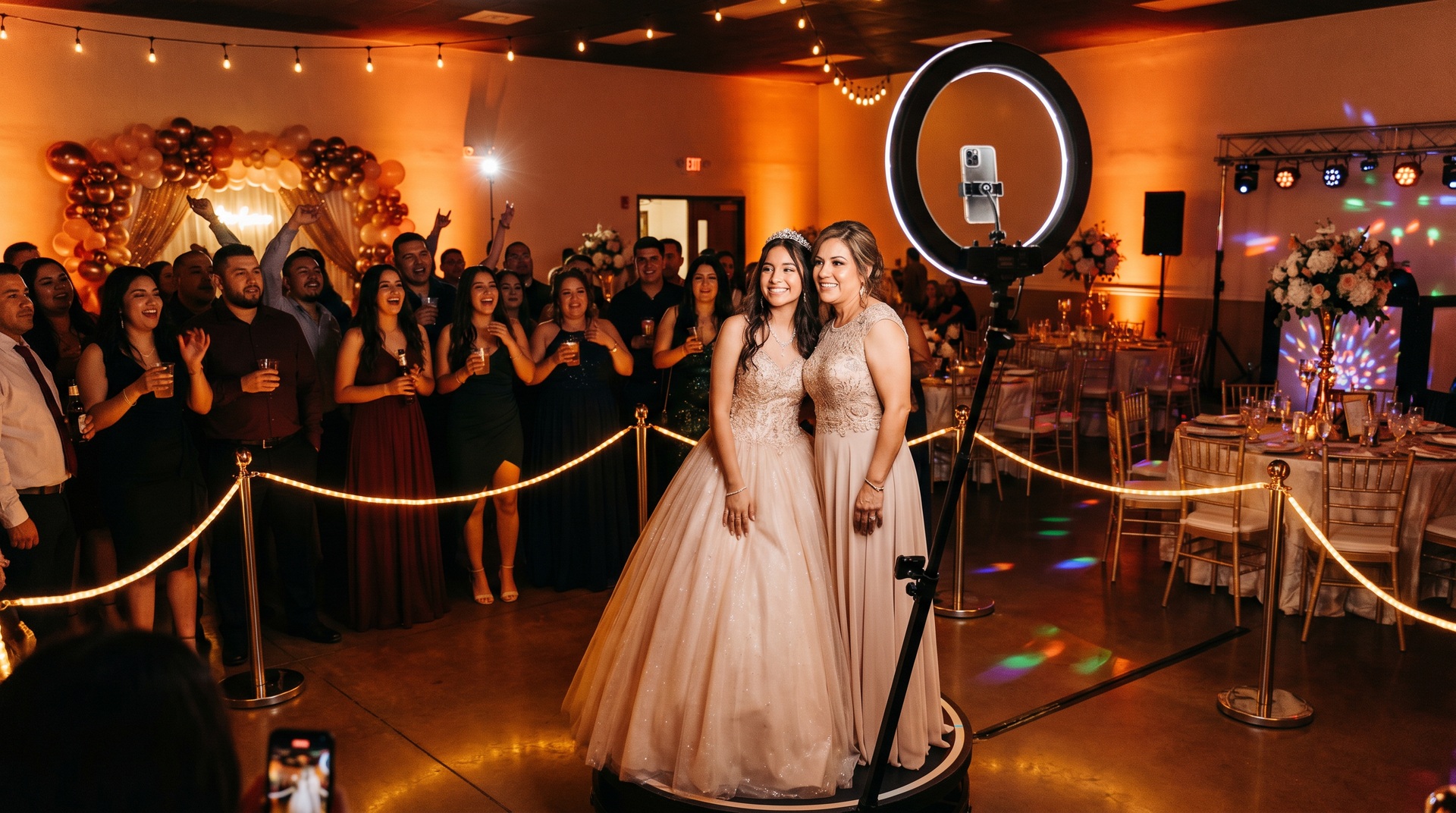 Family and friends celebrating around a 360 photo booth during a quinceañera