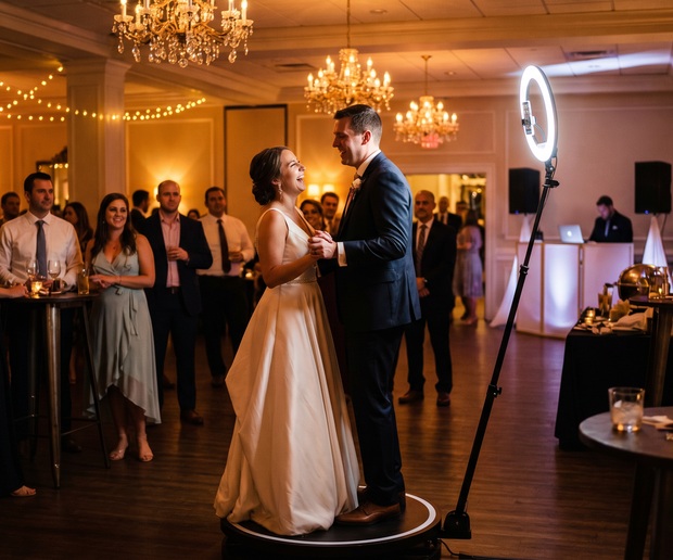 African American wedding guests enjoying a 360 photo booth at a San Antonio reception
