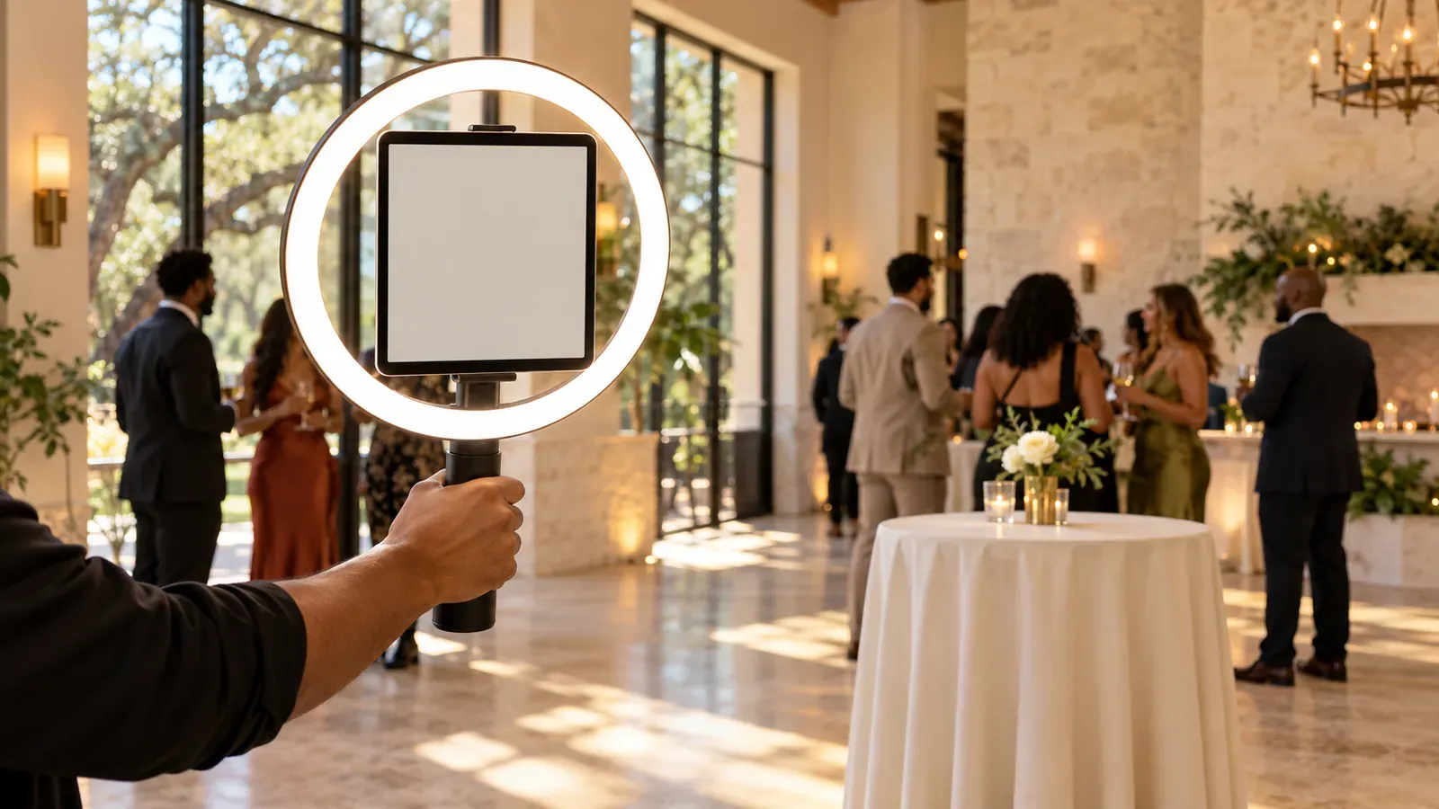 AI illustration of a handheld ring-light tablet in a bright reception room with guests and a cocktail table